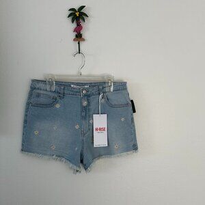 NWT Celebrity Pink Hi Rise Daisy Embroidered Denim Shorts Light Wash 17/33